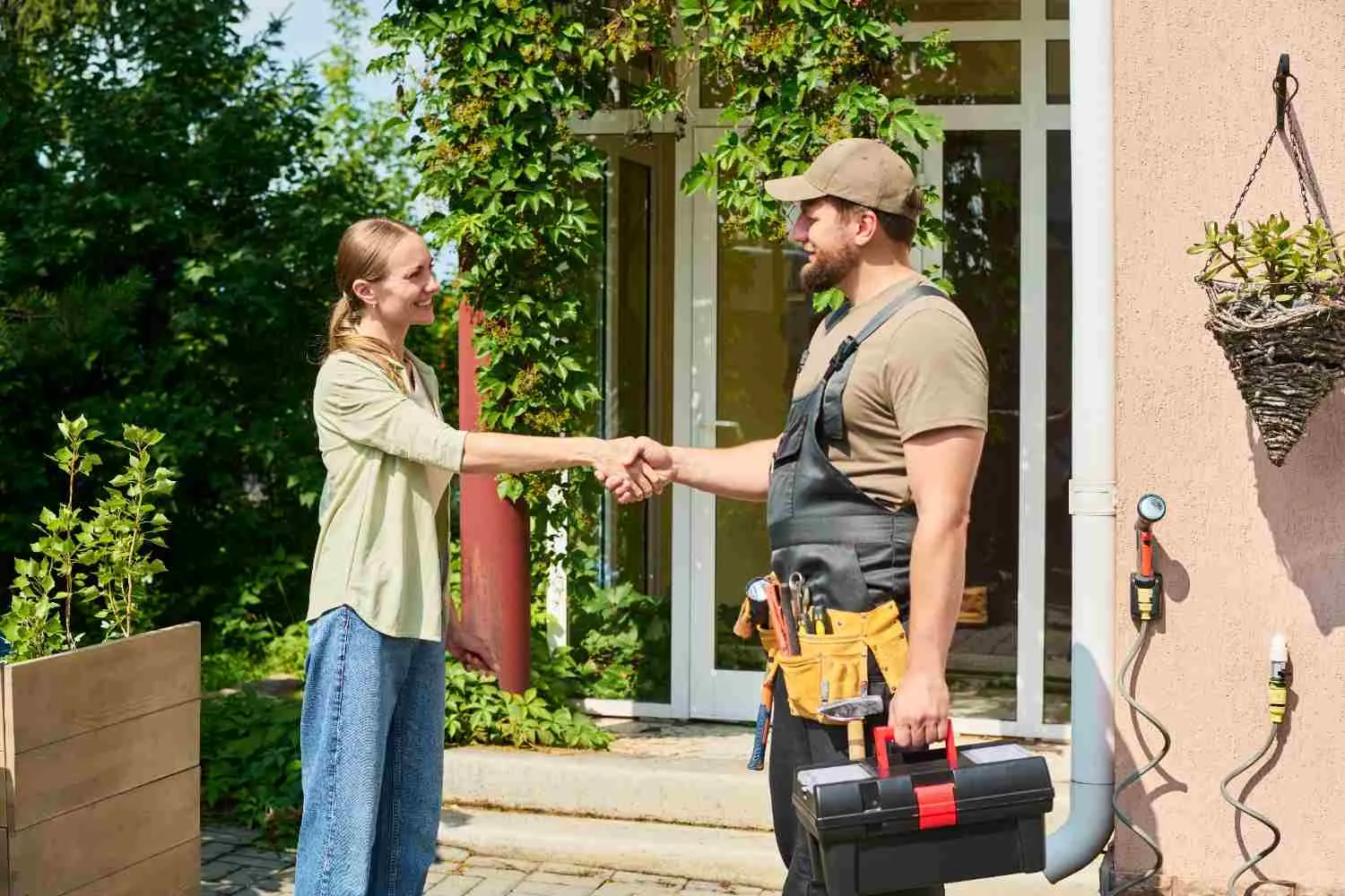 Homeowner shaking hands with a repairman at her front door